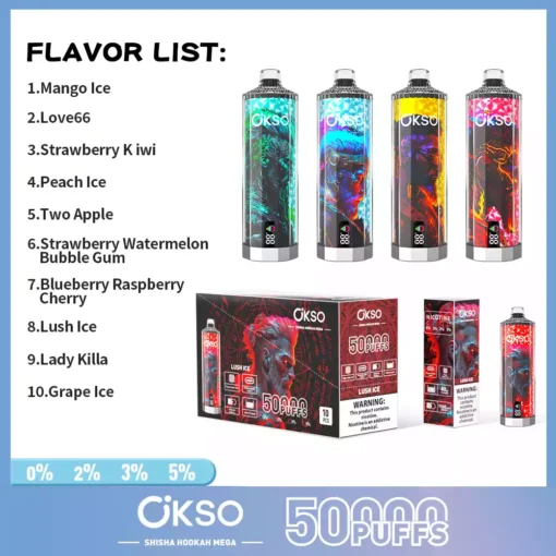 High-Quality OKSO Shisha Hookah Mega 50K Puffs 40ml E-Liquid with Triple Mesh Coil and Nicotine Options 0%/2%/3%/5% 1100mAh Type-C Rechargeable LED Display