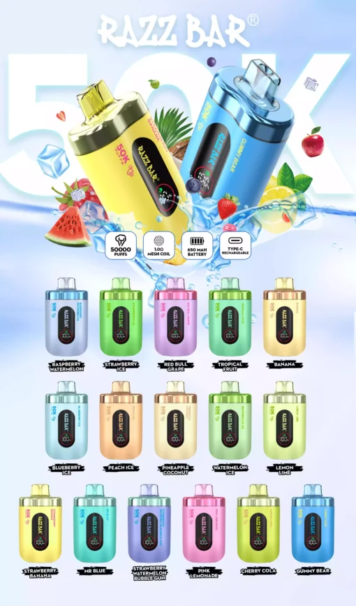 High Performance RazzBar 50K Puffs Rechargeable Disposable Vape Offering 2 and 5 Percent Nicotine