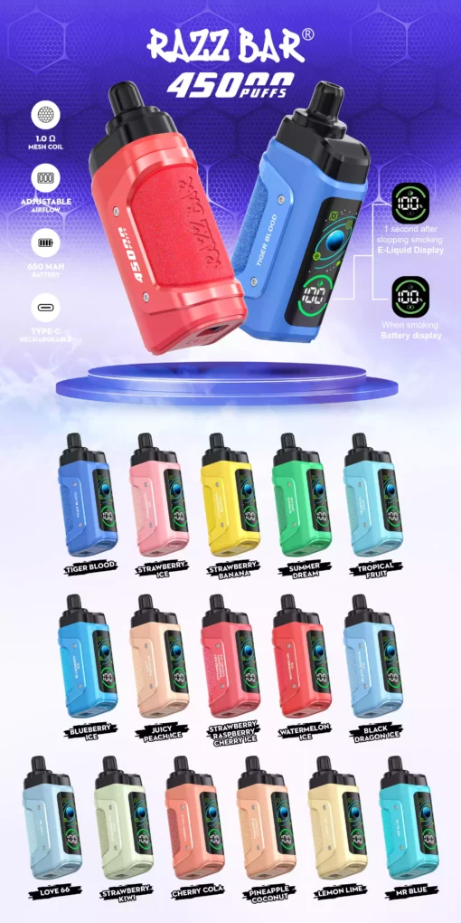 Premium Wholesale Disposable Vape Razzbar 45000 Puffs with Mesh Coil and Multiple Flavors