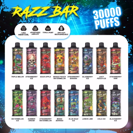 Quality Assured Razzbar 30000 Puffs Salt Nicotine Vape With Nicotine Options At 2 and 5 Percent