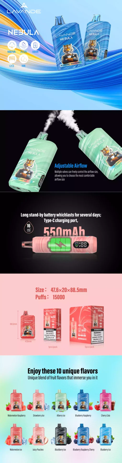 Top Quality Rechargeable Disposable Vape Lavande NEBULA 15000 Puffs with LED Screen